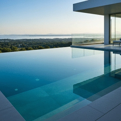 A luxurious infinity pool with modern design overlooking a scenic landscape, representing 2025 trends