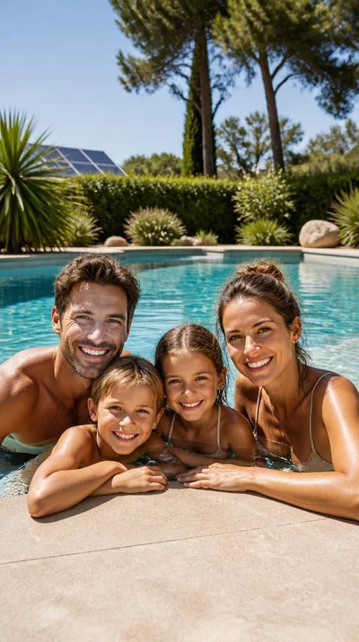 Family enjoying a clean, well-maintained sustainable pool with solar panels in the background