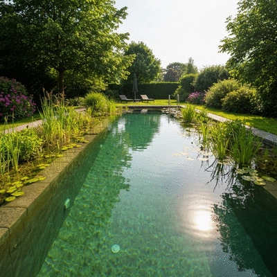 Piscine naturelle avec plantes aquatiques et zone de baignade, intégrée dans un jardin verdoyant