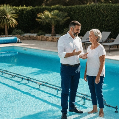 Pool expert explaining maintenance plan to a pool owner in Hyères