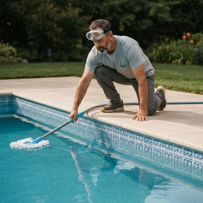 Personne nettoyant les margelles d'une piscine pour la sécurité