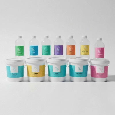 Gamme de produits chimiques pour piscine, bouteilles et seaux, sur un fond propre