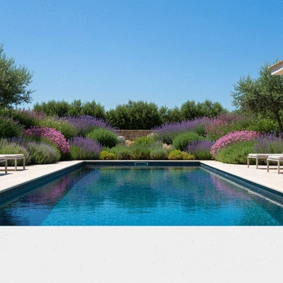 Modern swimming pool in a luxurious garden with Mediterranean plants, clear blue water, sunny day, no text, no words, no typography, 8K