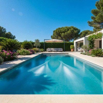 Modern custom-built swimming pool with clear blue water and elegant landscaping in Hyères