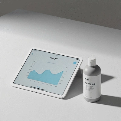 Tablette numérique affichant un graphique de pH de piscine et une bouteille de produit d'équilibrage de pH, no text, no words, no typography
