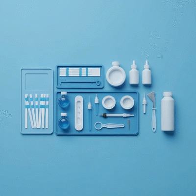 Kit de test d'eau de piscine avec bandelettes de test et produits chimiques sur un fond bleu clair, no text, no words, no typography, 8K, clean image