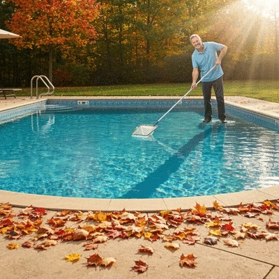 Personne nettoyant une piscine avec filet à feuilles en automne