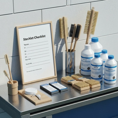 Checklist de matériel et produits de nettoyage pour piscine