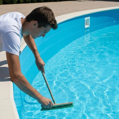 Personne nettoyant les parois d'une piscine à coque polyester avec une brosse douce