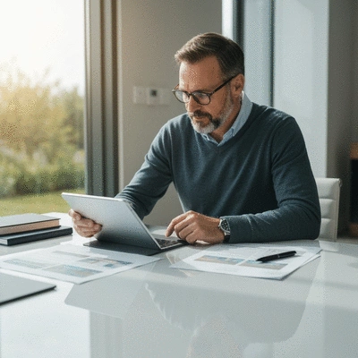 Person using a tablet to compare different swimming pool construction quotes