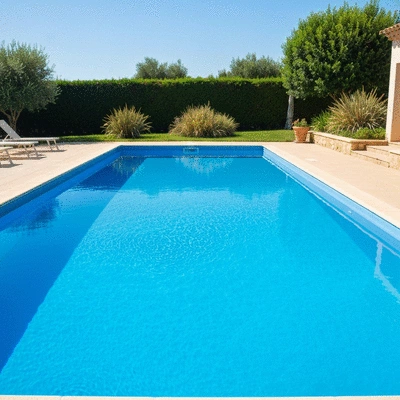 Swimming pool with newly installed liner, clear blue water