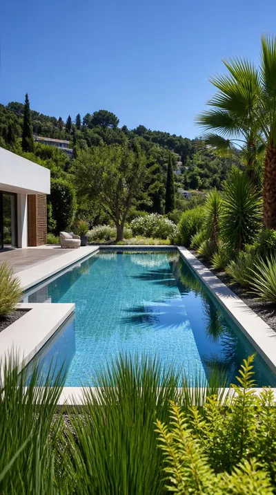 Modern sustainable pool with clear blue water and lush green surroundings in Hyères