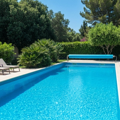 Modern swimming pool in a Mediterranean garden in Hyères