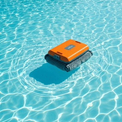 Modern pool robot cleaning the bottom of a swimming pool, clear blue water, no text, no words, no typography, 8K