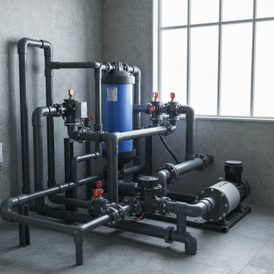 Un système de filtration de piscine avec des tuyaux et une pompe, dans un local technique propre et bien rangé.