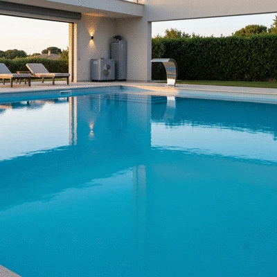 Modern swimming pool in Hyères with integrated LED lighting and a heat pump in the background, no text, no words, no typography, clean image