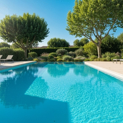 Modern swimming pool in Hyeres with clear blue water and lush green garden