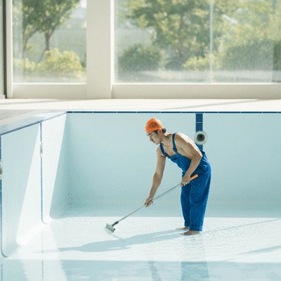 Worker cleaning the inner surface of an empty swimming pool with specialized tools