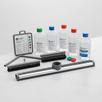 Various pool maintenance equipment like testing kits, brushes, and chemicals neatly arranged for use, no text, no words, no typography, 8K
