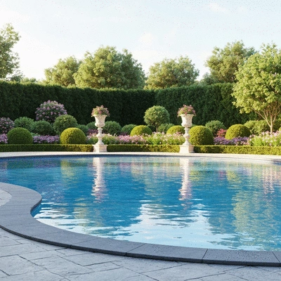 Modern polyester shell pool in a beautiful garden setting