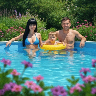 Family enjoying a clean polyester pool in a sunny garden