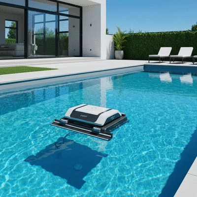 Person using a pool cleaning robot in a clear blue swimming pool