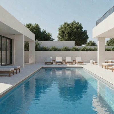 Modern swimming pool in a luxurious Provence-Alpes-Côte d’Azur villa, minimalist design, clear blue water, sun loungers, no text, no words, no typography, no labels, clean image