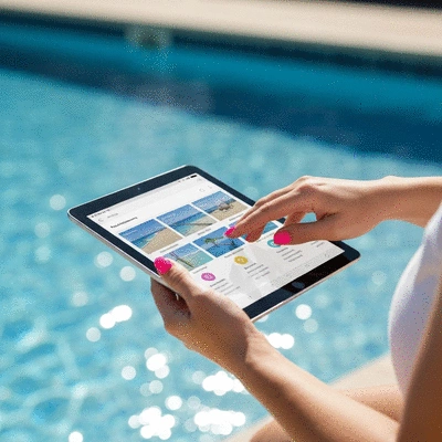 Person analyzing pool maintenance data on a tablet, with pool in background