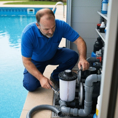 Professionnel de la piscine vérifiant une pompe de filtration