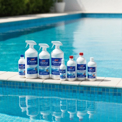 Produits d'entretien de piscine alignés sur le bord d'une piscine propre