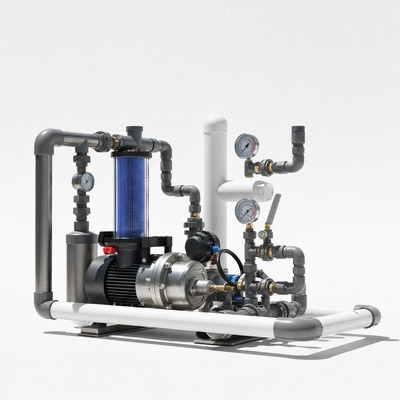 Modern pool filtration system with pipes and gauges
