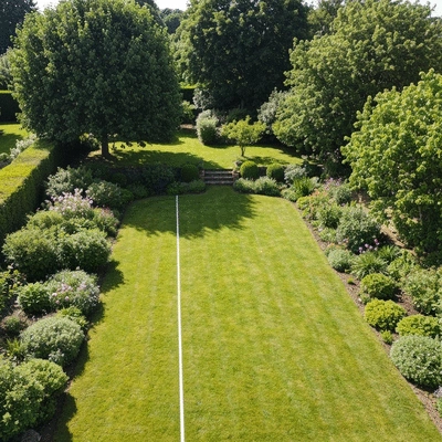 Aerial view of a well-maintained garden with a measuring tape indicating potential pool placement, sunny day, no text, no words, no typography, 8K