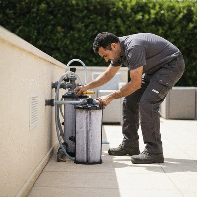 Professional pool technician performing maintenance on a filtration system in Hyères, France