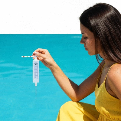 Personne mesurant le pH de l'eau de la piscine avec un kit de test