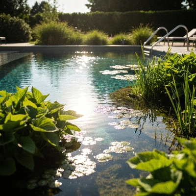 Eco-friendly swimming pool with natural filtration system, surrounded by lush green plants, sun shining, no text, no words, no typography, no labels, clean image