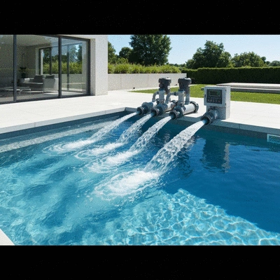 Système de filtration de piscine en action, montrant de l'eau claire