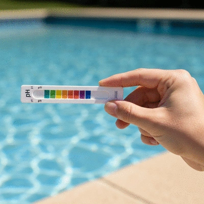 Close-up of a hand holding a pH test strip for pool water