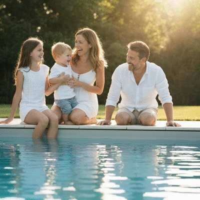 Family enjoying a newly built swimming pool, showing joy and relaxation, no text, no words, no typography, clean image