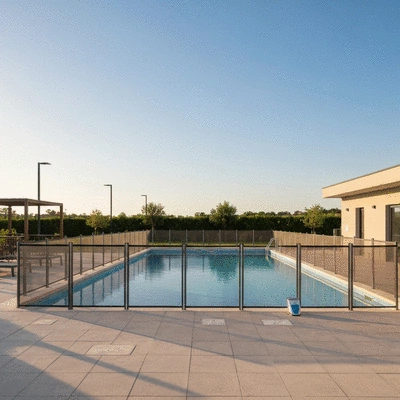 Modern pool with safety barriers and alarm system, sunny day, family-friendly