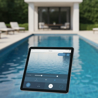 Smart home interface controlling a swimming pool's temperature and lighting via a tablet