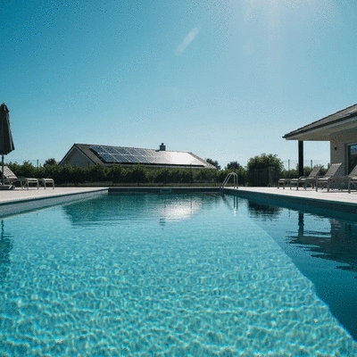 Modern swimming pool with solar panels on a nearby roof, bright sunny day
