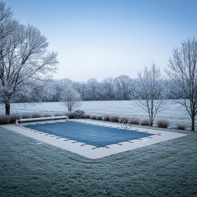 Hivernage de piscine, bâche de protection sur une piscine, environnement hivernal