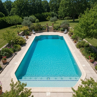 Vue aérienne d'une piscine traditionnelle en béton bien entretenue, entourée d'un aménagement paysager