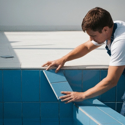Professional builder installing new tiles in a swimming pool, no text, no words, no typography
