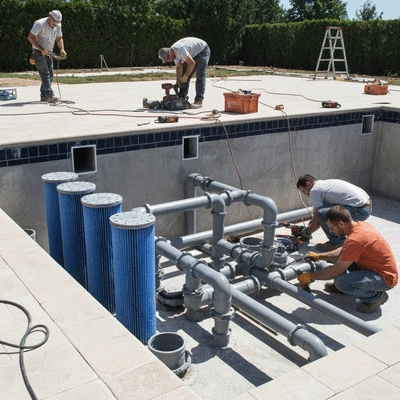 Swimming pool construction site with workers installing filtration system