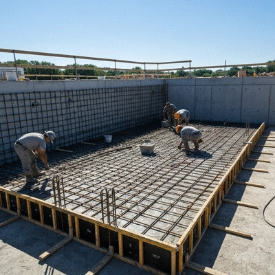 Piscine en béton en construction, avec des ouvriers travaillant sur la structure et le renforcement