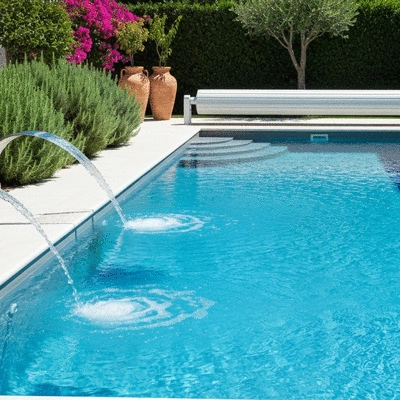 Modern swimming pool in a Mediterranean garden, with a focus on water evaporation control features like a pool cover, clear blue water, sunny day, no text, no words, no typography, clean image