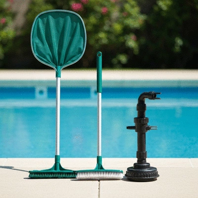 Assortment of essential manual pool cleaning tools like a skimmer net, pool brush, and vacuum head on a poolside background, no text, no words, no typography, 8K