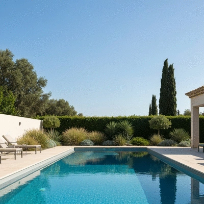 Modern custom swimming pool in a luxurious backyard in Hyères, France, with Mediterranean vegetation, sunny day, no text, no words, no typography, clean image