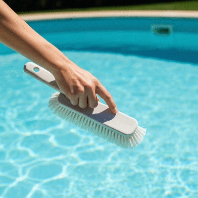 Main tenant une brosse douce pour piscine, avec une piscine en arrière-plan
